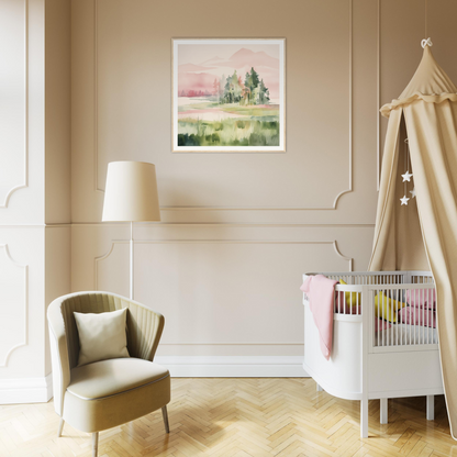 Cozy nursery corner with a white crib and beige armchair for perfect nursery decor