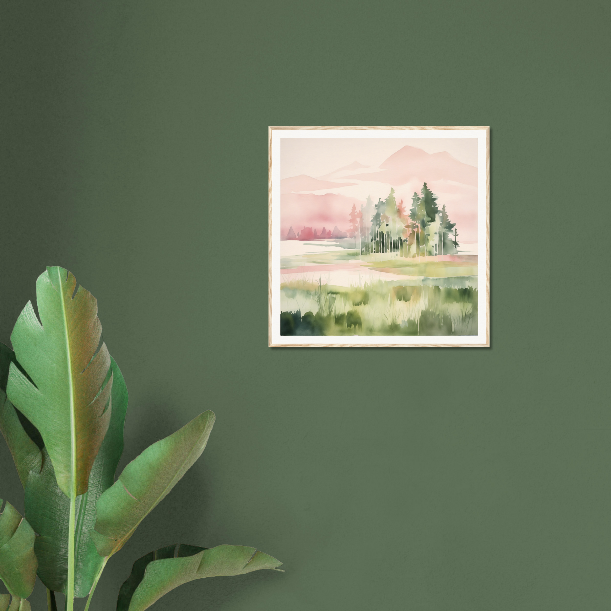 Framed watercolor painting of a serene landscape perfect for nursery wall art decor