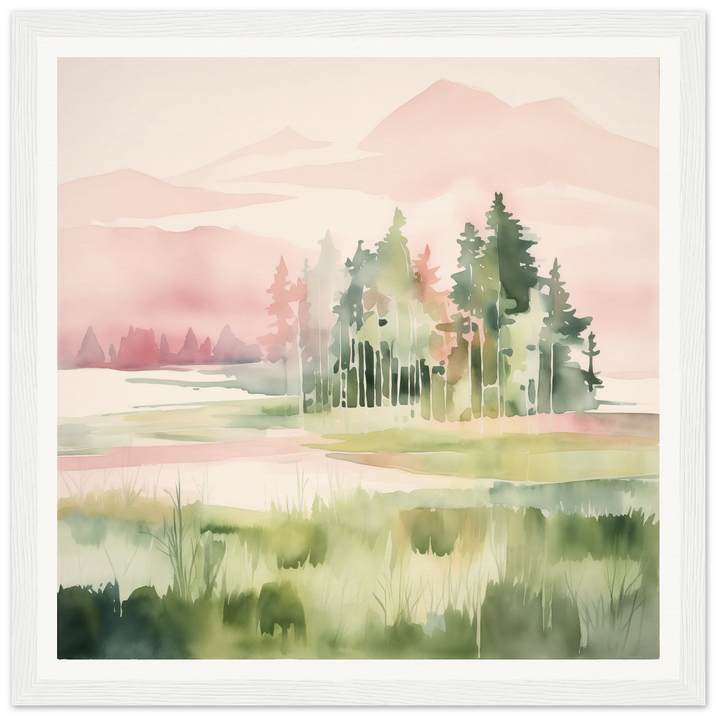 Watercolor pine trees in misty meadow for nursery wall art in framed poster style