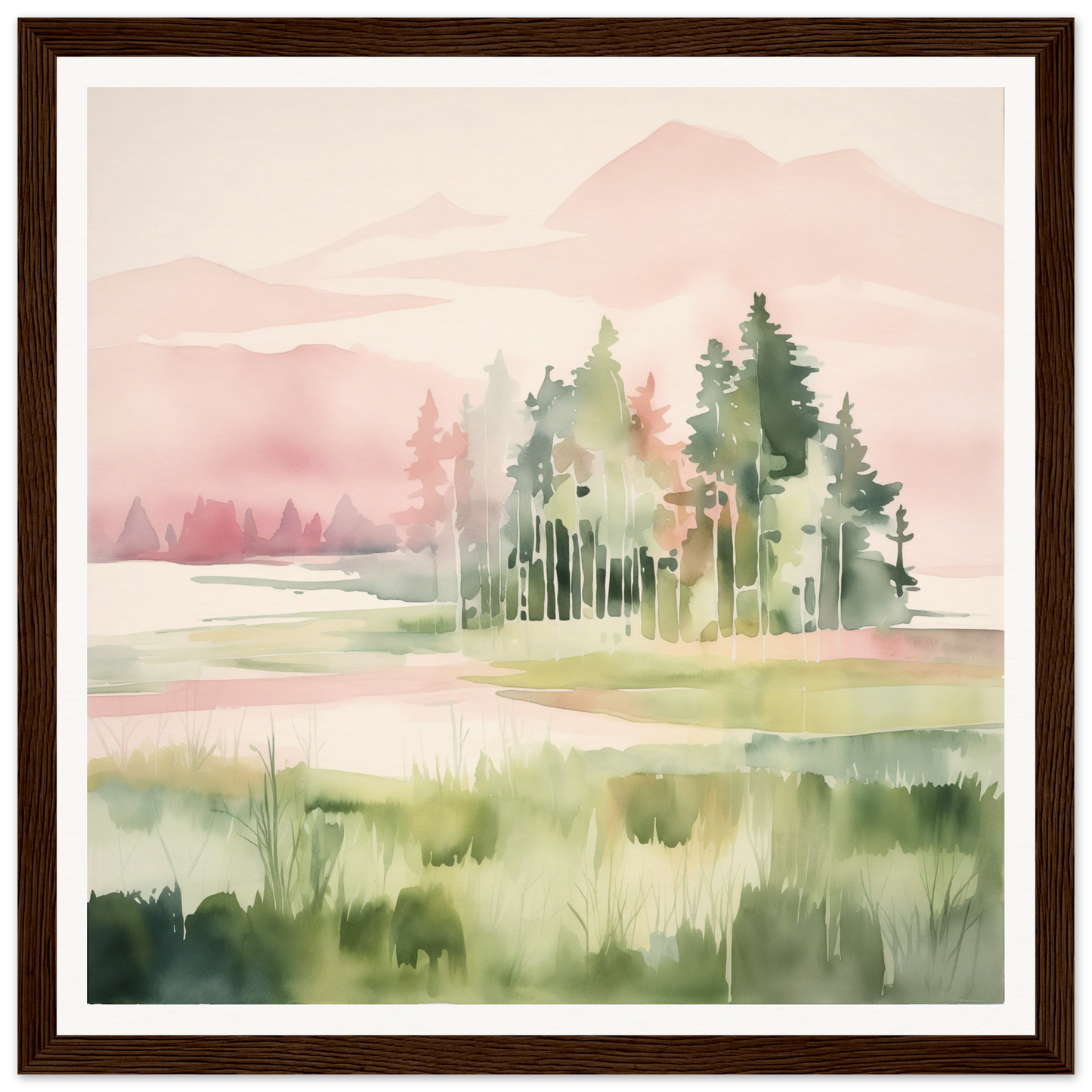 Watercolor painting of pine trees in a misty meadow for nursery wall art decor