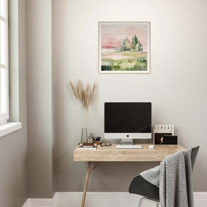 Wooden desk with iMac and minimalist decor for stylish nursery wall art vibes