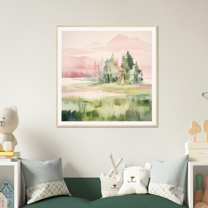 Watercolor pine trees and meadow in pink sky, perfect for nursery wall art or decor