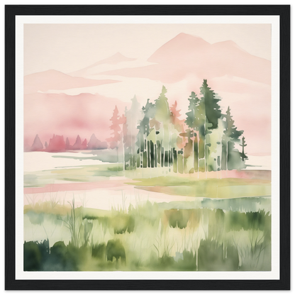 Watercolor painting of evergreen trees in a misty meadow for nursery wall art