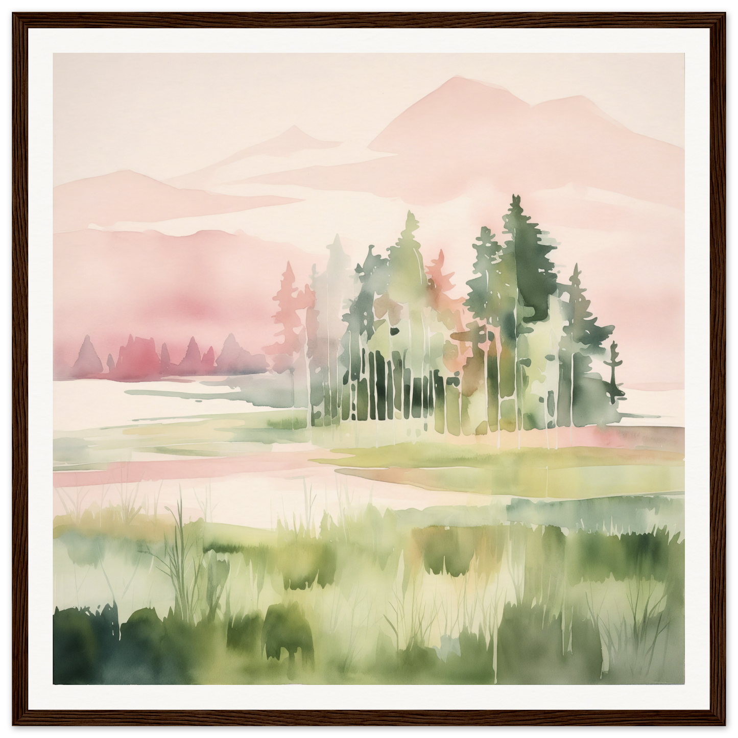 Watercolor painting of evergreen trees in a misty meadow for nursery wall art