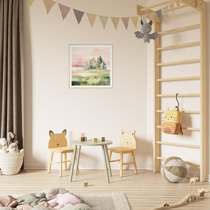 Children’s play area with animal chairs and mint green table, perfect for nursery decor