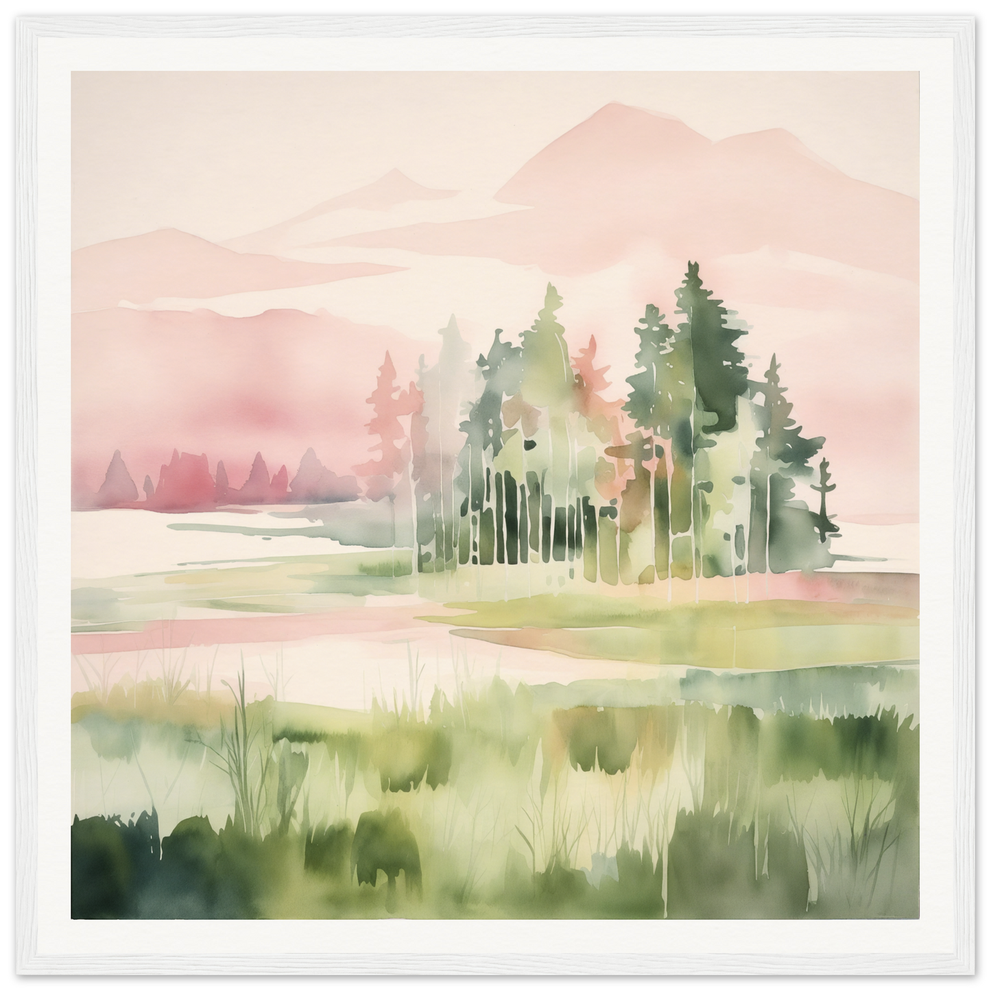 Watercolor evergreen trees in a misty meadow for your nursery wall art or decor