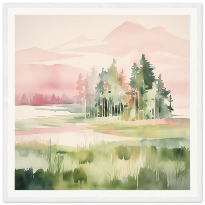 Watercolor evergreen trees in a misty meadow for your nursery wall art or decor