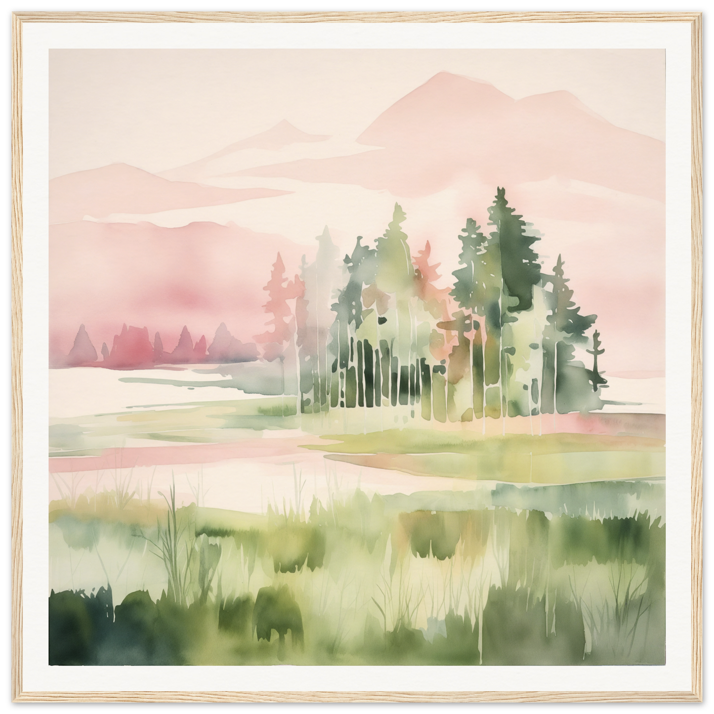 Watercolor painting of a misty forest, perfect for nursery wall art or decor