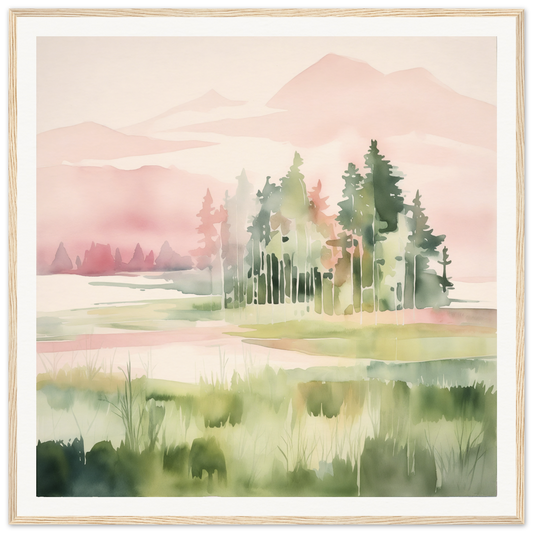 Watercolor painting of a misty forest, perfect for nursery wall art or decor