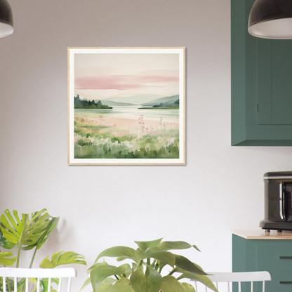 Framed watercolor landscape painting for nursery wall art in soft pink and green tones