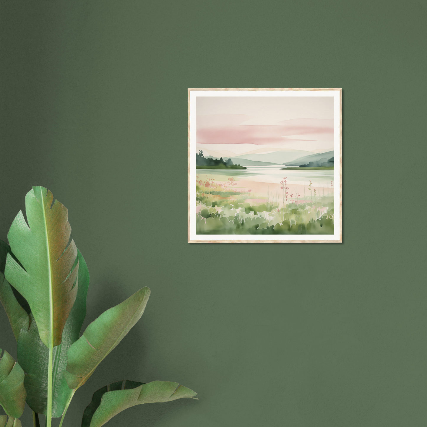 Framed watercolor landscape art for nursery decor with a serene misty lake in soft tones