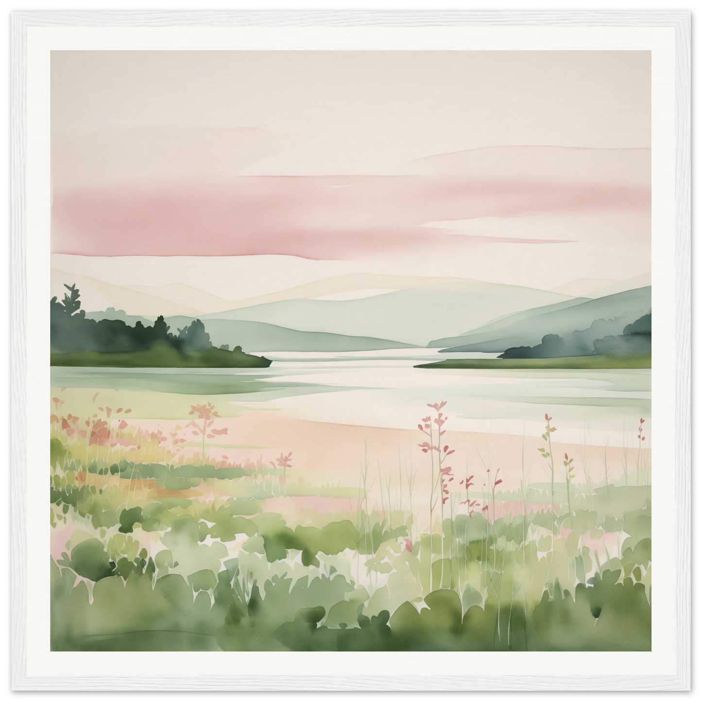 Watercolor painting of a lakeside meadow, perfect for nursery wall art or decor