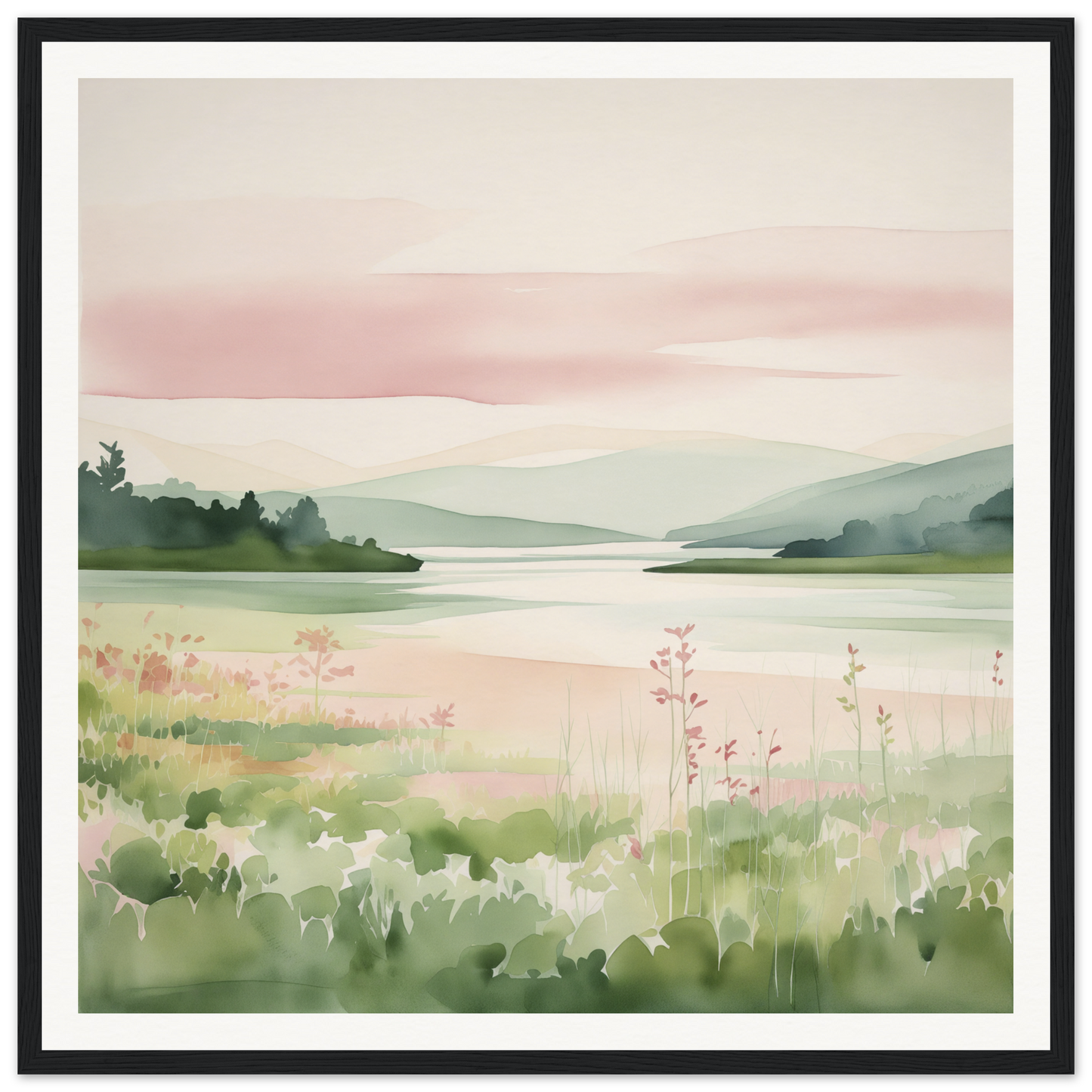 Watercolor landscape painting of a serene lake for nursery wall art or decor