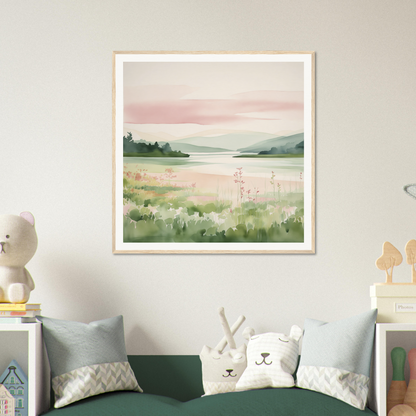 Framed watercolor lakeside painting perfect for nursery wall art and decor