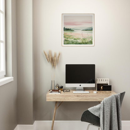 Minimalist wooden desk with iMac and pampas grass, perfect for nursery decor vibes