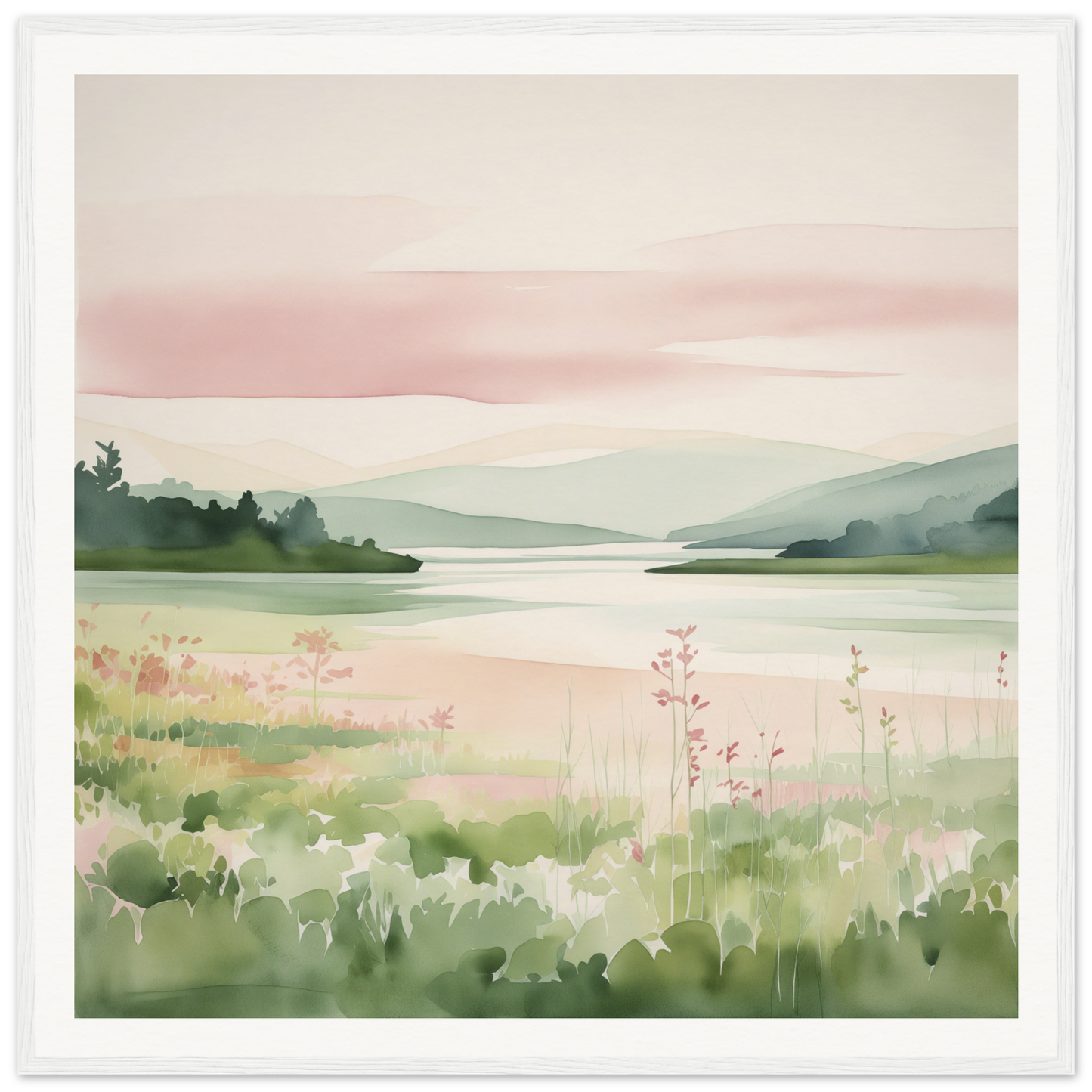 Watercolor painting of a lakeside meadow for nursery wall art or decor in product42