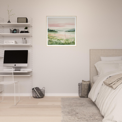 Minimalist bedroom featuring nursery wall art and floating shelves with a watercolor print