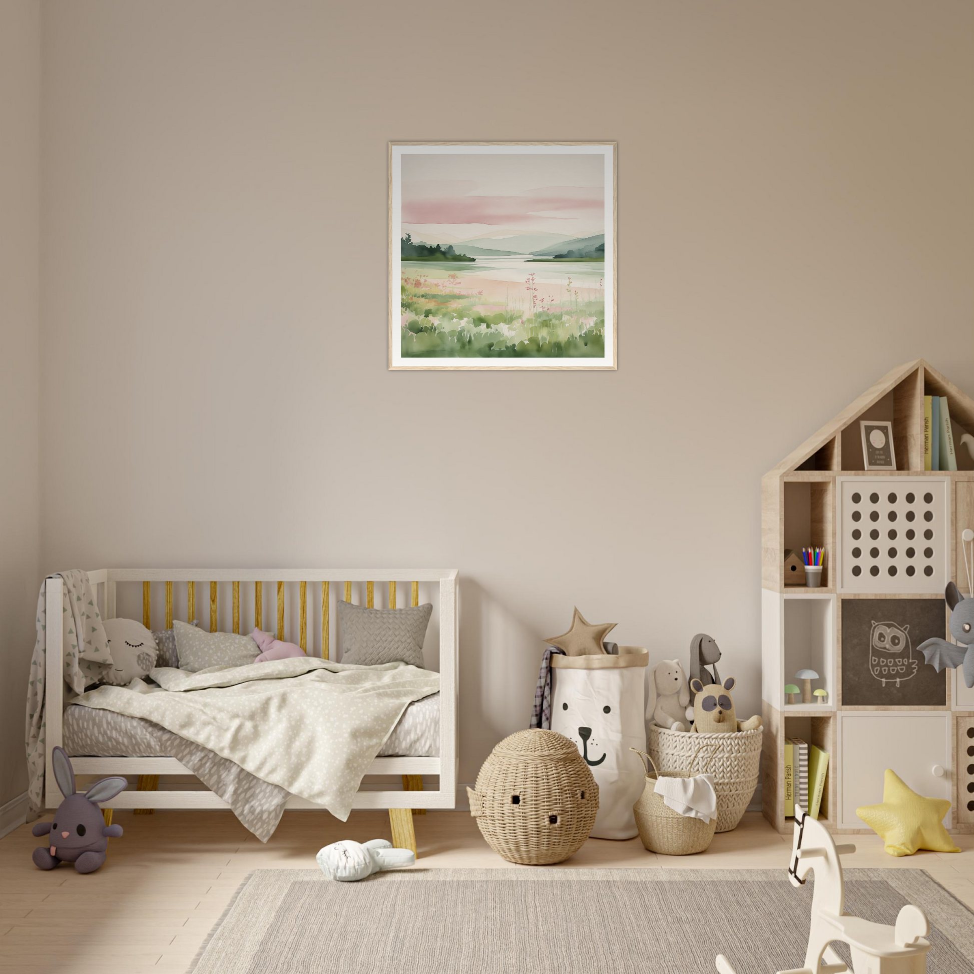 Wooden crib with gray bedding and yellow slats perfect for nursery decor in product42