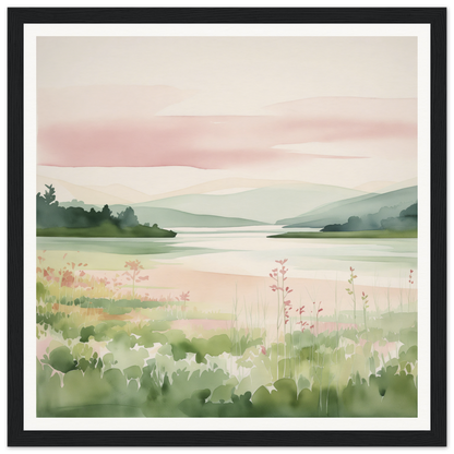 Watercolor landscape of a lake, meadows, and mountains - perfect nursery wall art for home