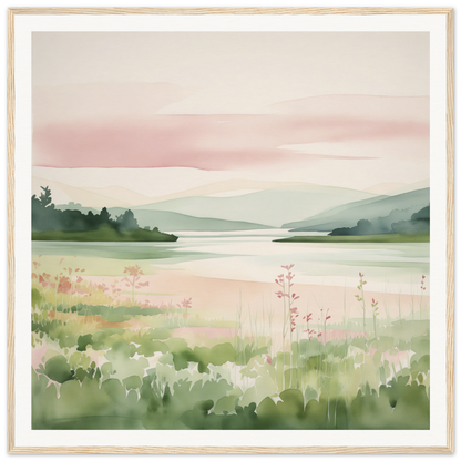 Watercolor lakeside meadow with wildflowers, perfect for nursery wall art or decor