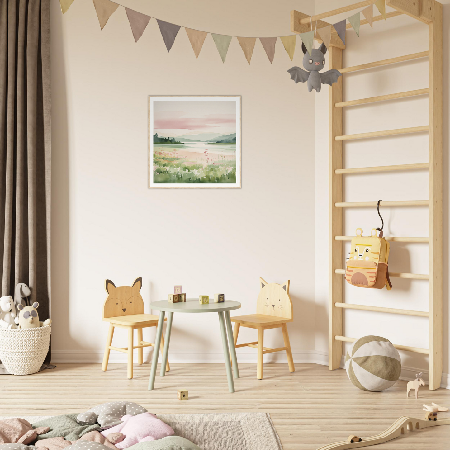 Fun children’s play area with animal-themed chairs, perfect for nursery decor and playtime