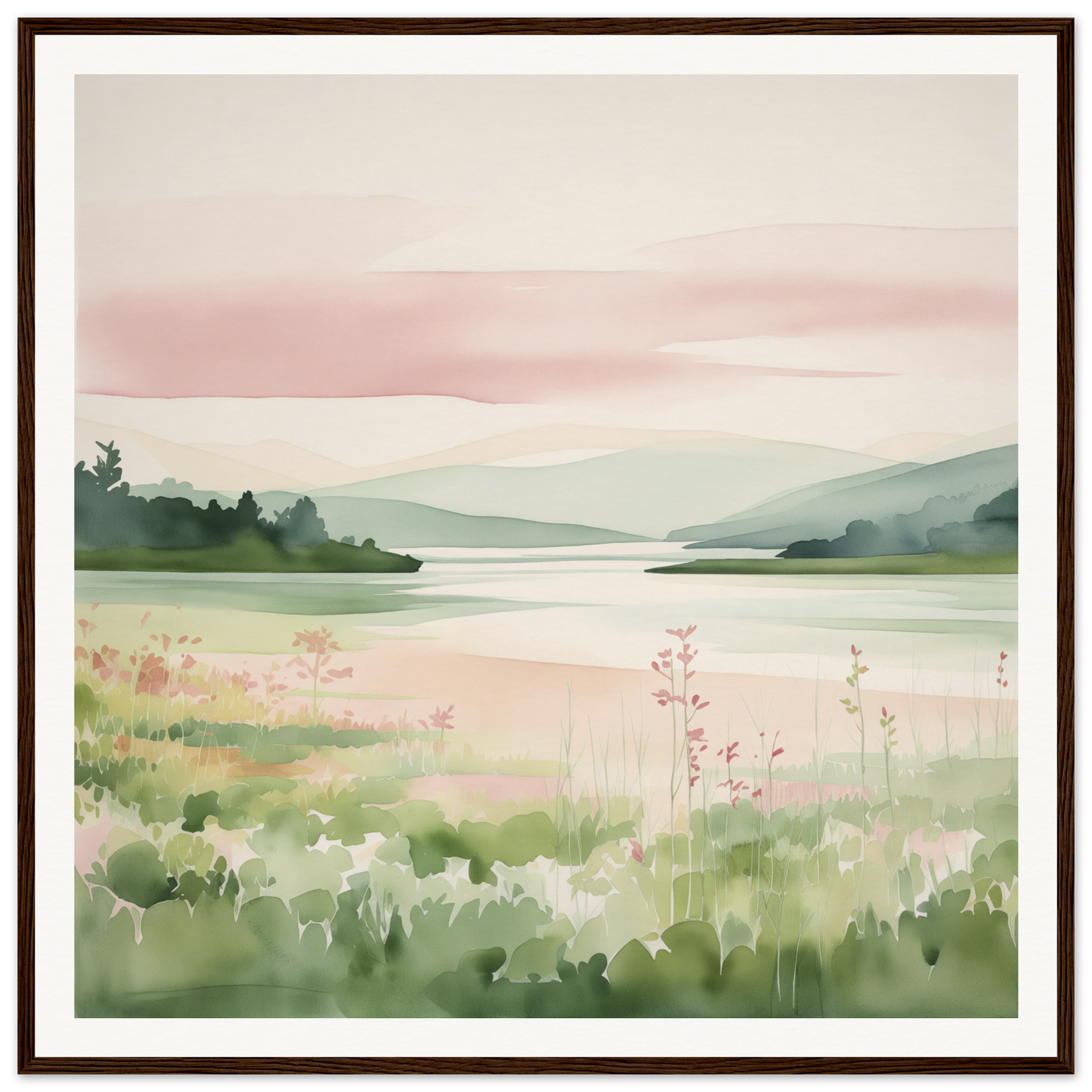 Watercolor landscape of a peaceful lake for nursery wall art and decor, framed poster