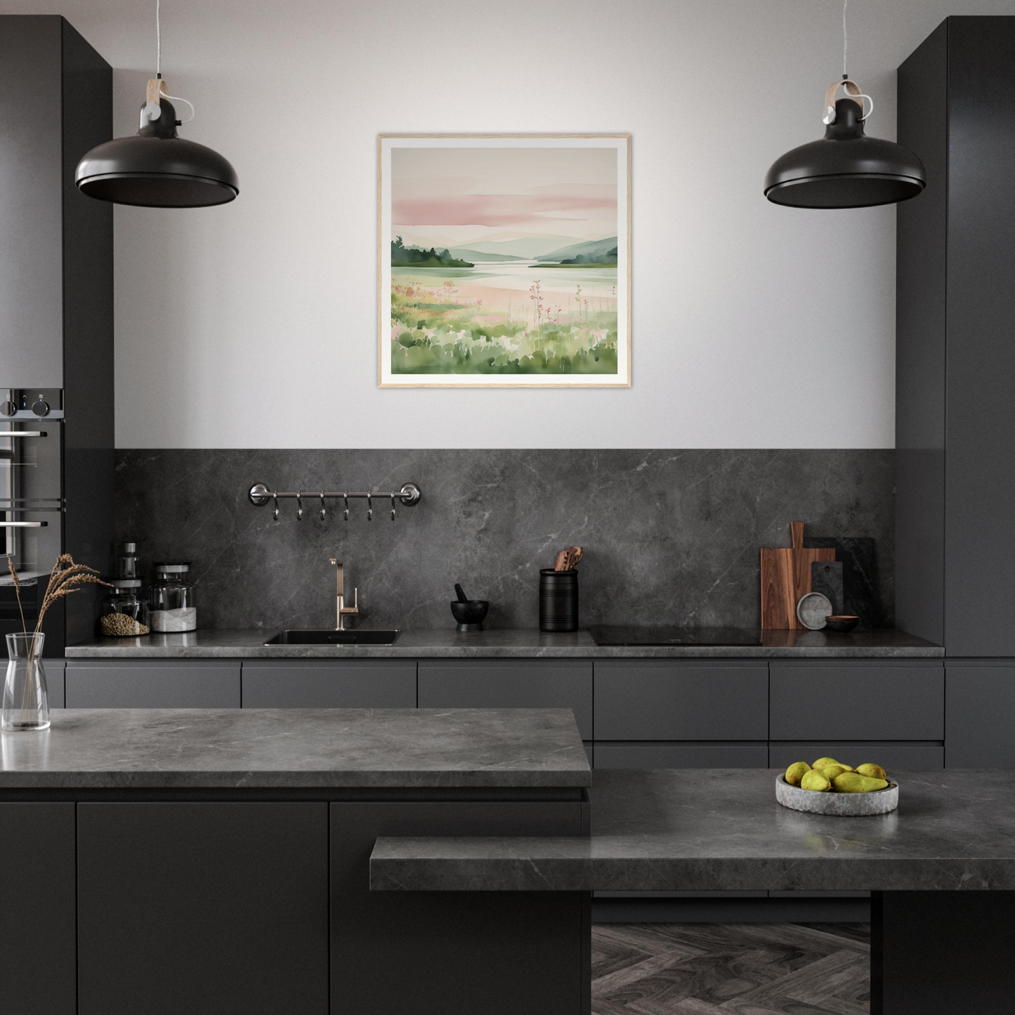 Modern dark kitchen with matte black cabinets, perfect for trendy nursery decor vibes