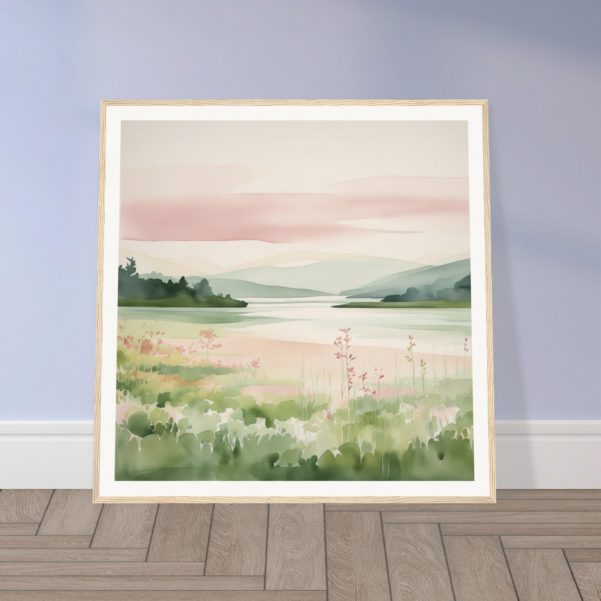 Framed watercolor painting of serene lakeside landscape, perfect nursery wall art