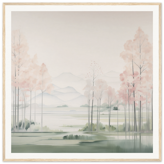 Watercolor landscape painting of misty trees by a lake, perfect nursery wall art