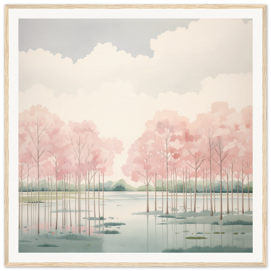 Tranquil waterscape with cherry blossoms, perfect nursery wall art for any decor