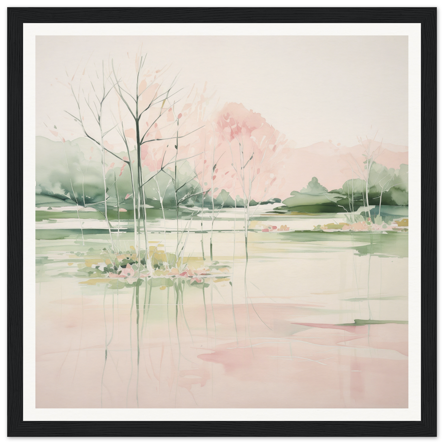 Delicate watercolor landscape with trees reflected in water, perfect for nursery wall art