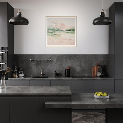 Modern dark grey kitchen with industrial pendant lights and nursery wall art decor