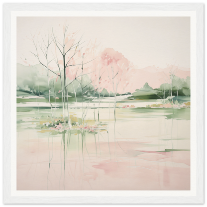 Delicate watercolor landscape with trees reflected in water, perfect nursery wall art