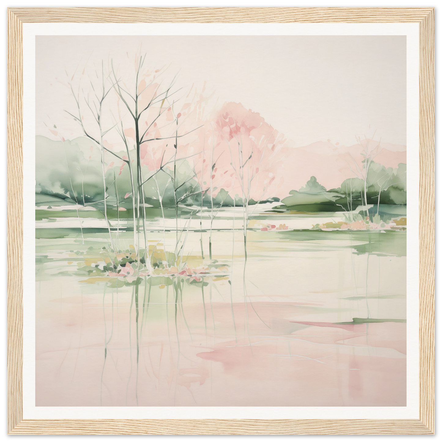 Delicate watercolor landscape painting for nursery wall art with bare trees reflection