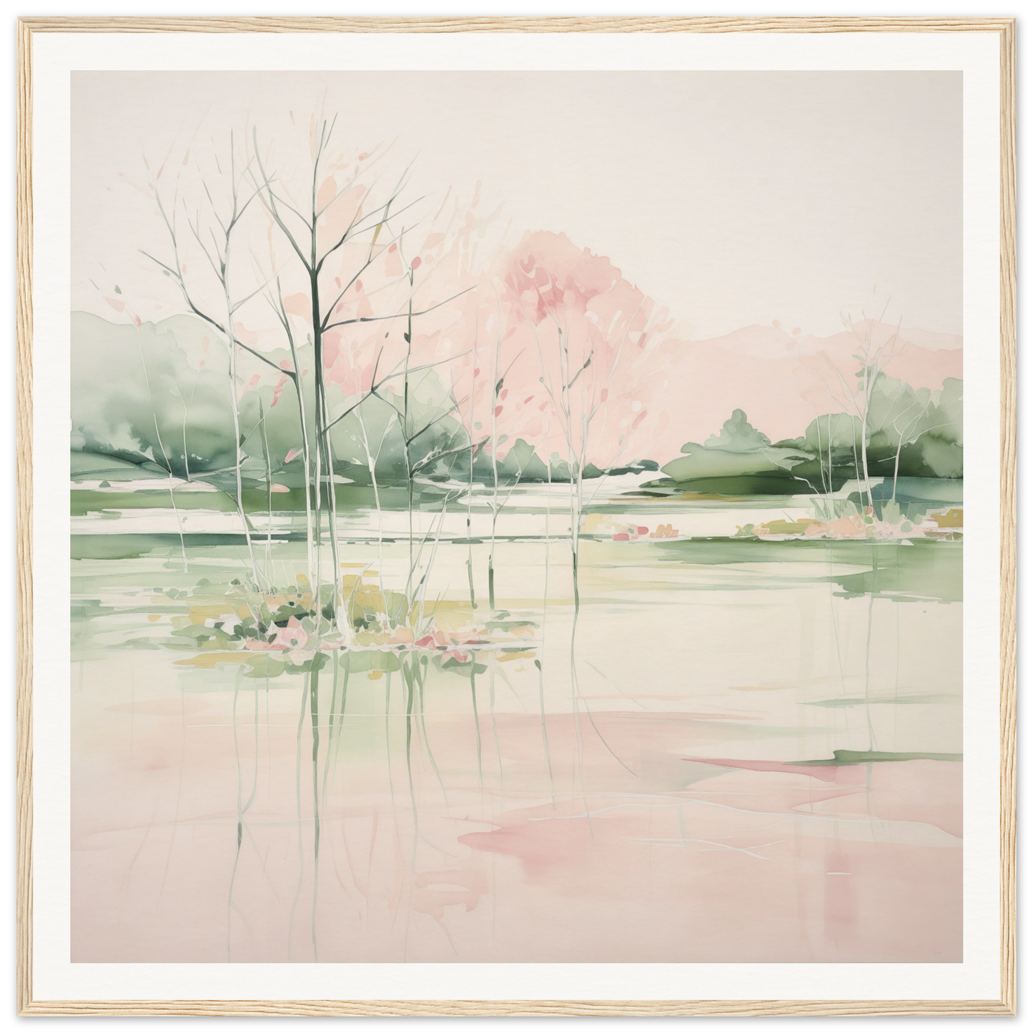 Delicate watercolor landscape with bare trees, perfect nursery wall art for cozy decor