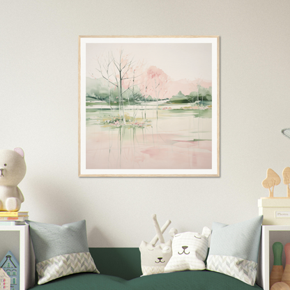 Framed watercolor painting of a peaceful landscape, perfect for nursery wall art