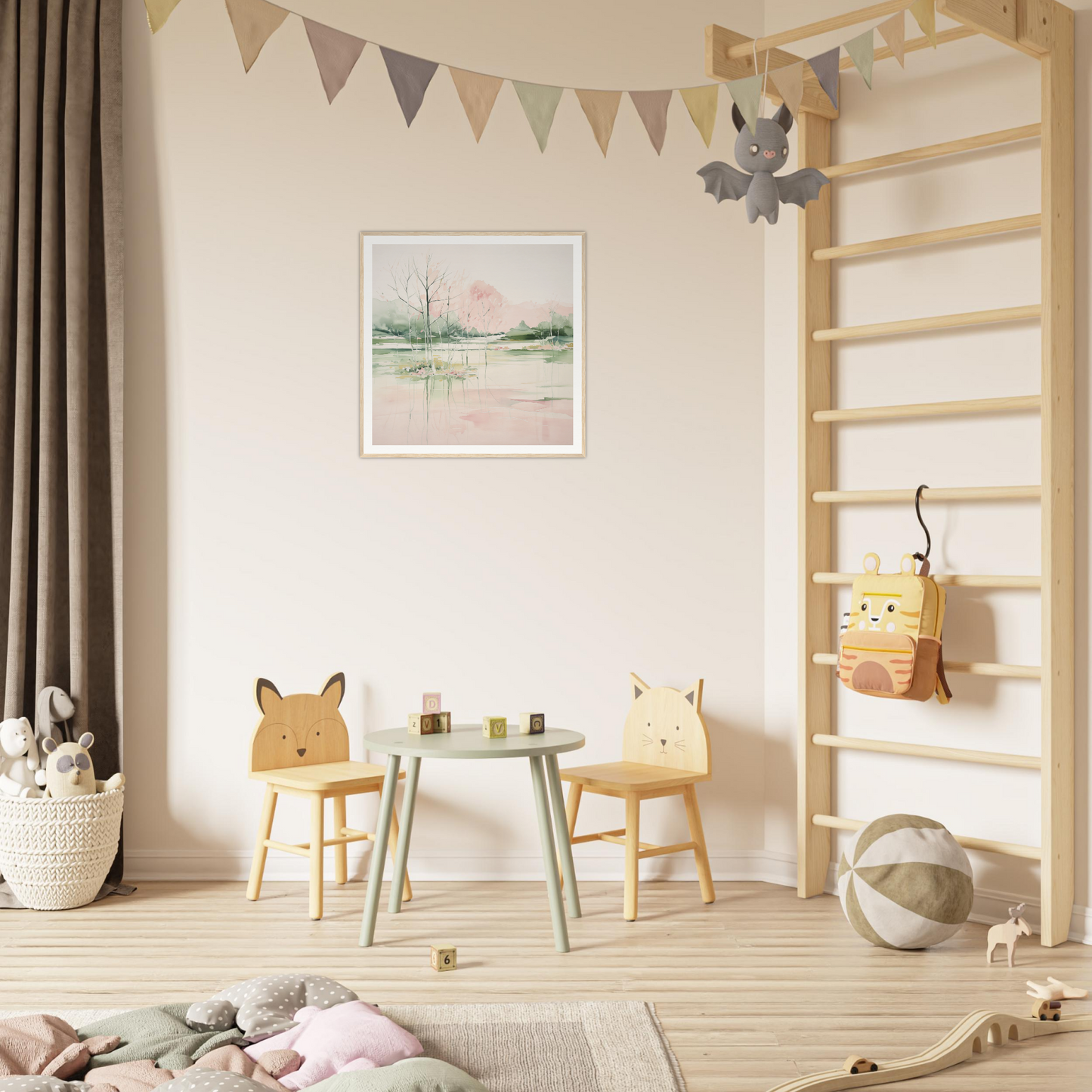 Fun children’s play area featuring animal-themed chairs and table, perfect for nursery decor