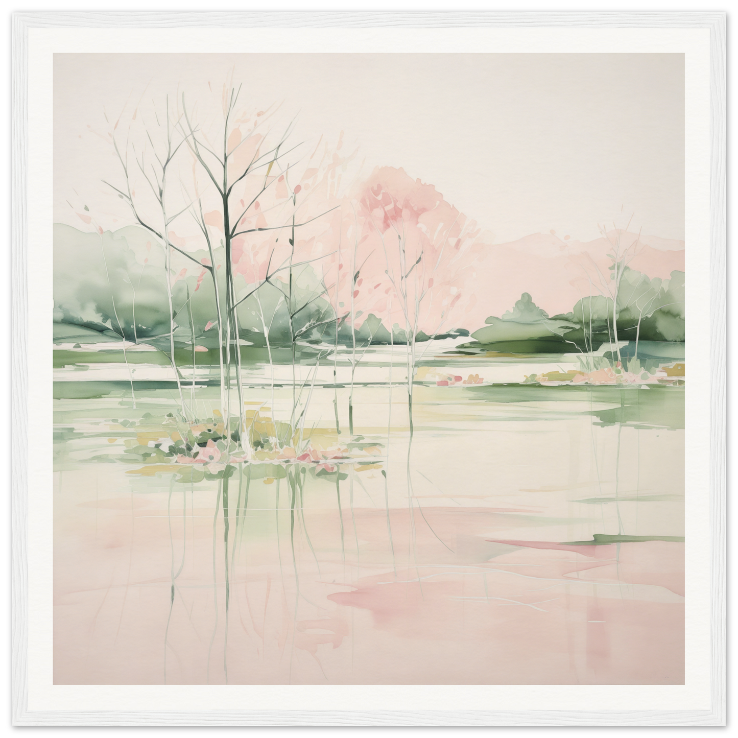 Delicate watercolor landscape with trees reflecting in water, perfect nursery wall art