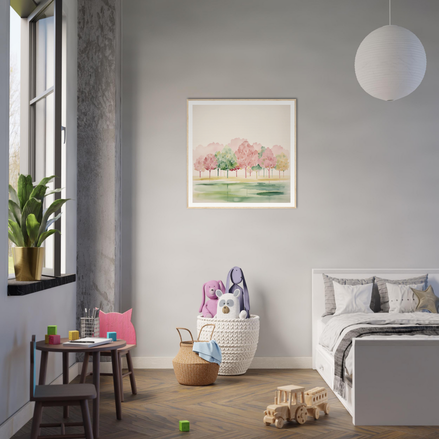 Modern bedroom with minimalist decor featuring soft gray walls and stylish framed poster