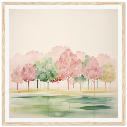 Watercolor painting of pink and green trees reflected in a lake for nursery wall art