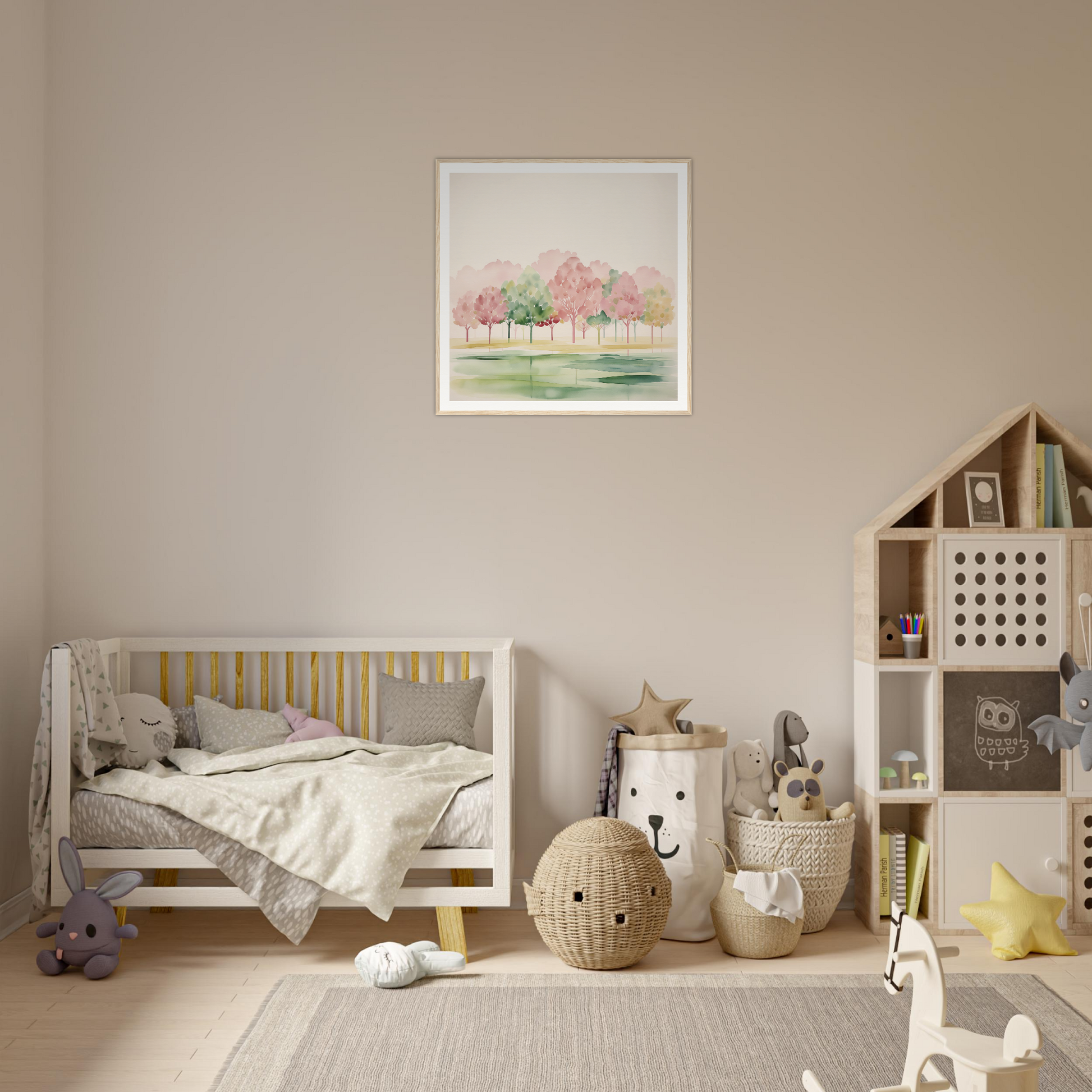 Wooden crib with gray bedding and yellow slats, perfect for nursery decor