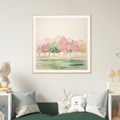 Framed watercolor painting of pink and green trees, perfect for nursery wall art