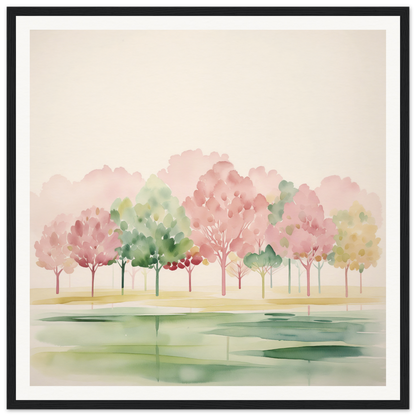 Watercolor painting of pink and green trees reflecting in a lake for nursery wall art