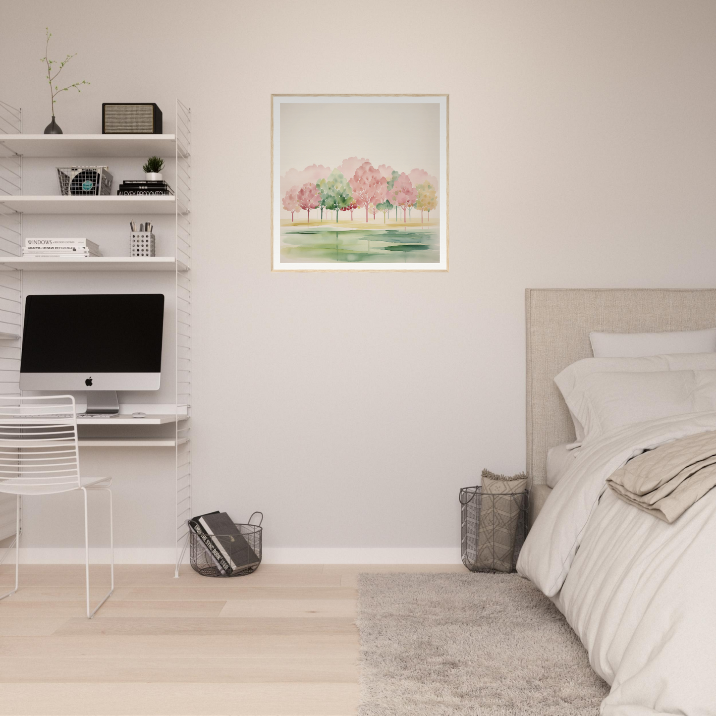 Minimalist bedroom workspace with floating shelves and iMac, perfect for nursery decor