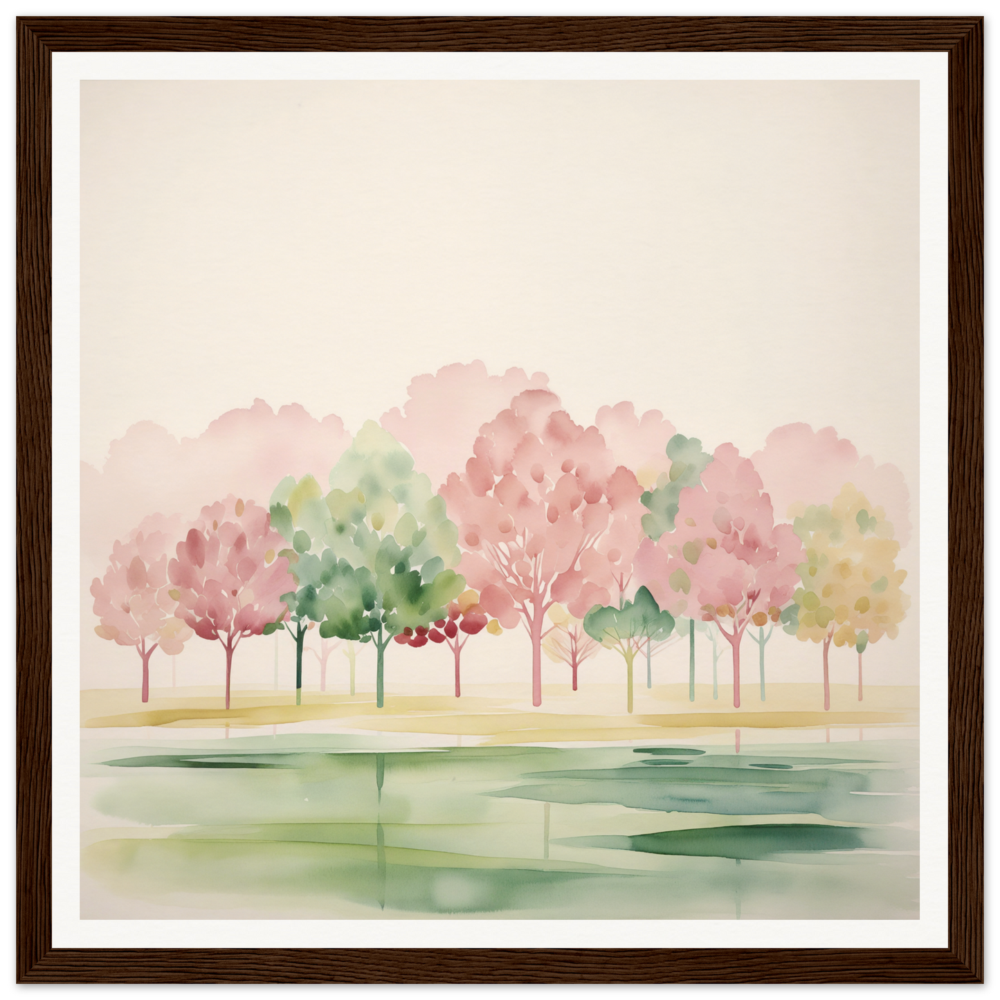 Watercolor nursery wall art of pink and green trees reflecting in a serene lake