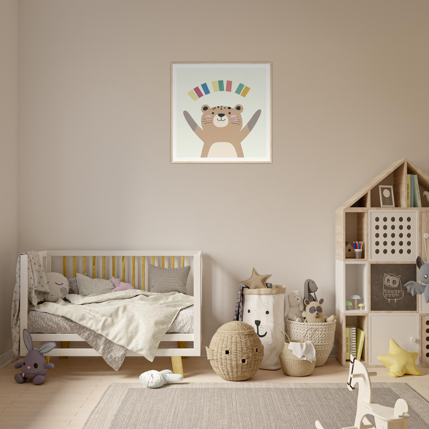 Neutral-toned nursery with crib, storage, and stylish nursery wall art for a cozy vibe