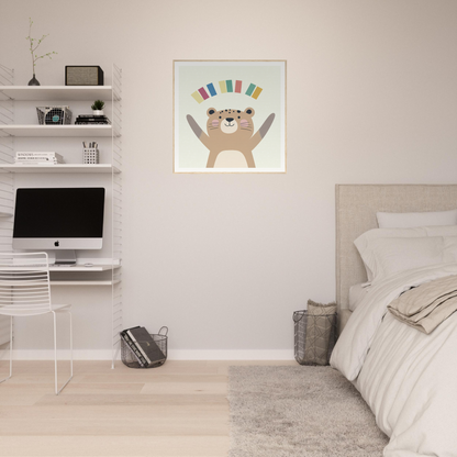 Minimalist bedroom with cheerful bear nursery wall art and iMac workstation on shelves