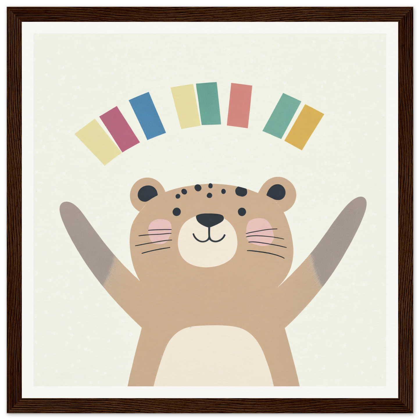 Cute cartoon bear with raised arms under rainbow rectangles for nursery wall art