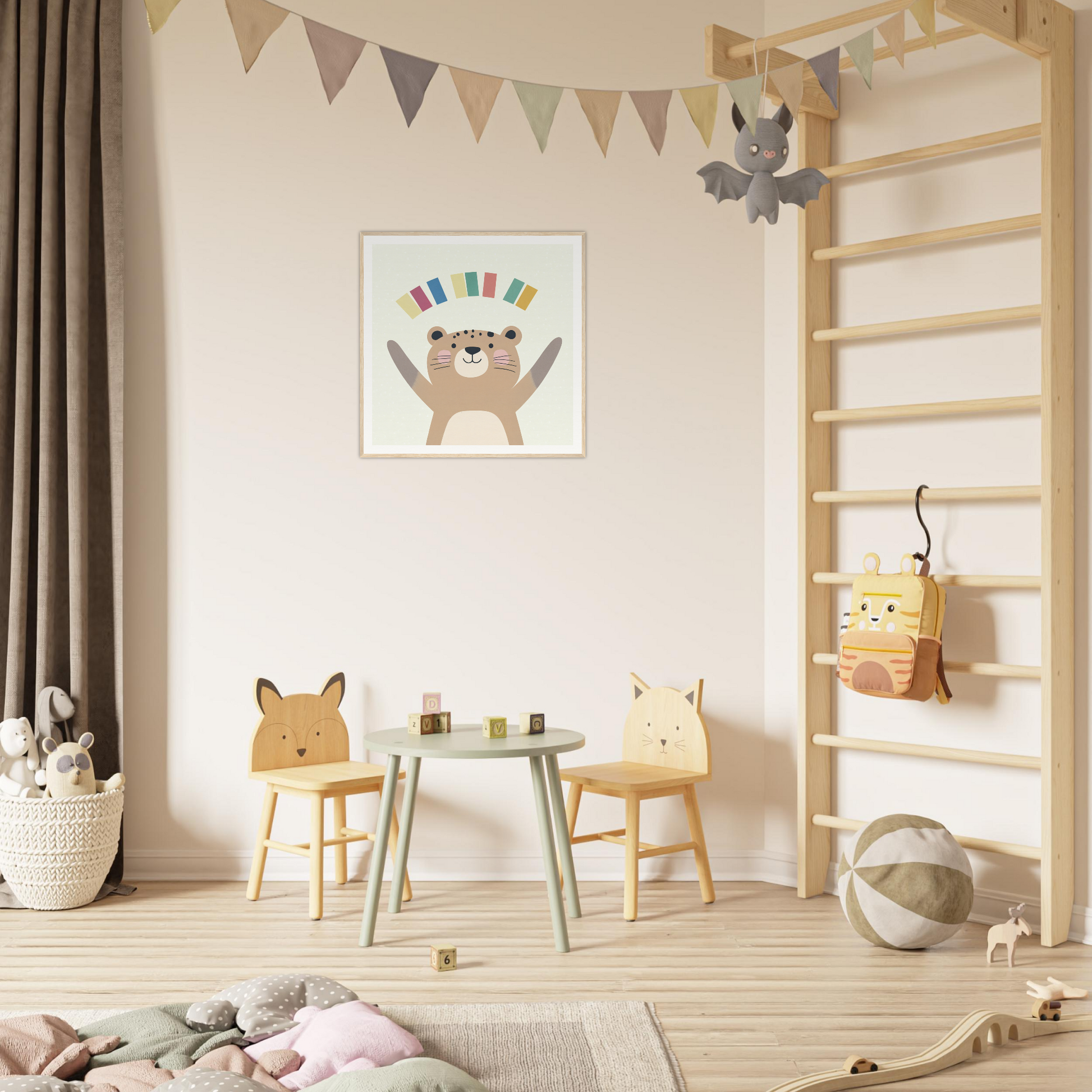 Playful children’s area featuring animal chairs and mint green table, perfect nursery decor