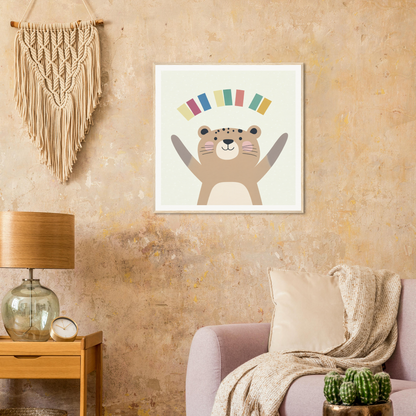 Cute cartoon bear artwork for nursery wall art with colorful rainbow stripes